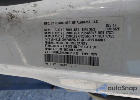 2017 Honda Odyssey Ex-L z USA, uszkodzony, nr VIN 5FNRL5H63HB015433